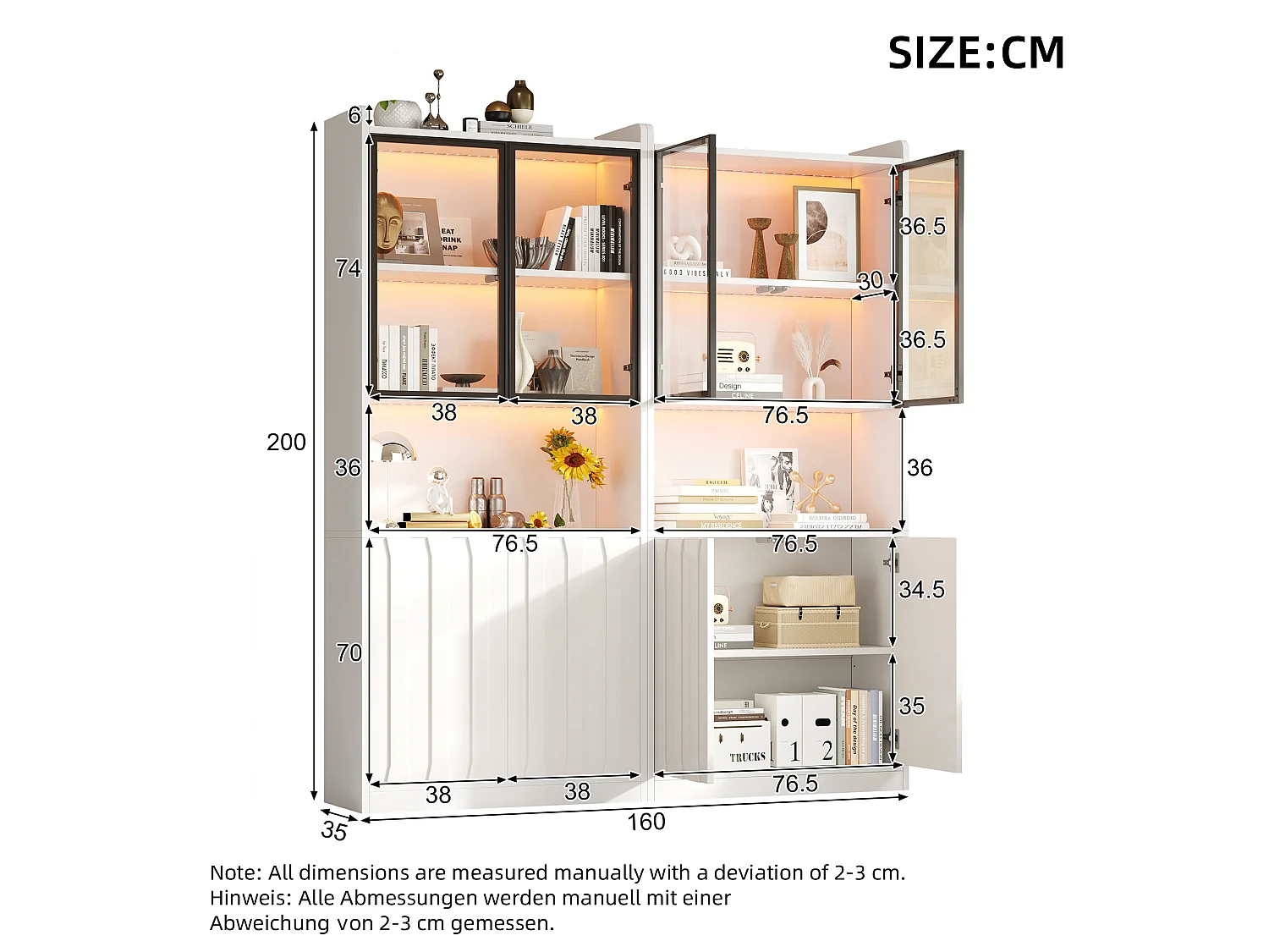 Vitrine aus Glas 160x35x200 cm - LED-Beleuchtung und offene Regale - 8 Türen und 10 Staufächer - Weiß