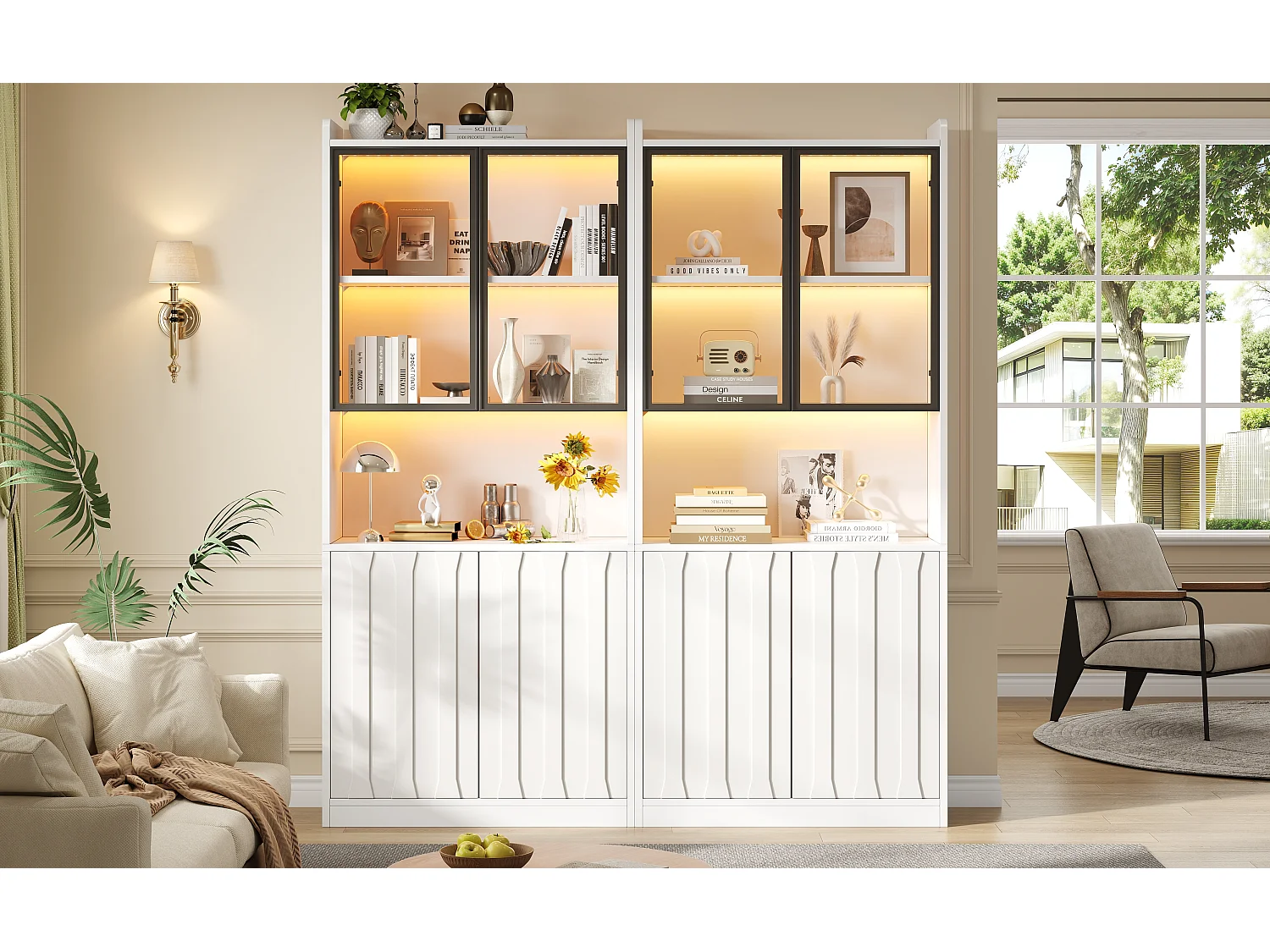 Vitrine aus Glas 160x35x200 cm - LED-Beleuchtung und offene Regale - 8 Türen und 10 Staufächer - Weiß