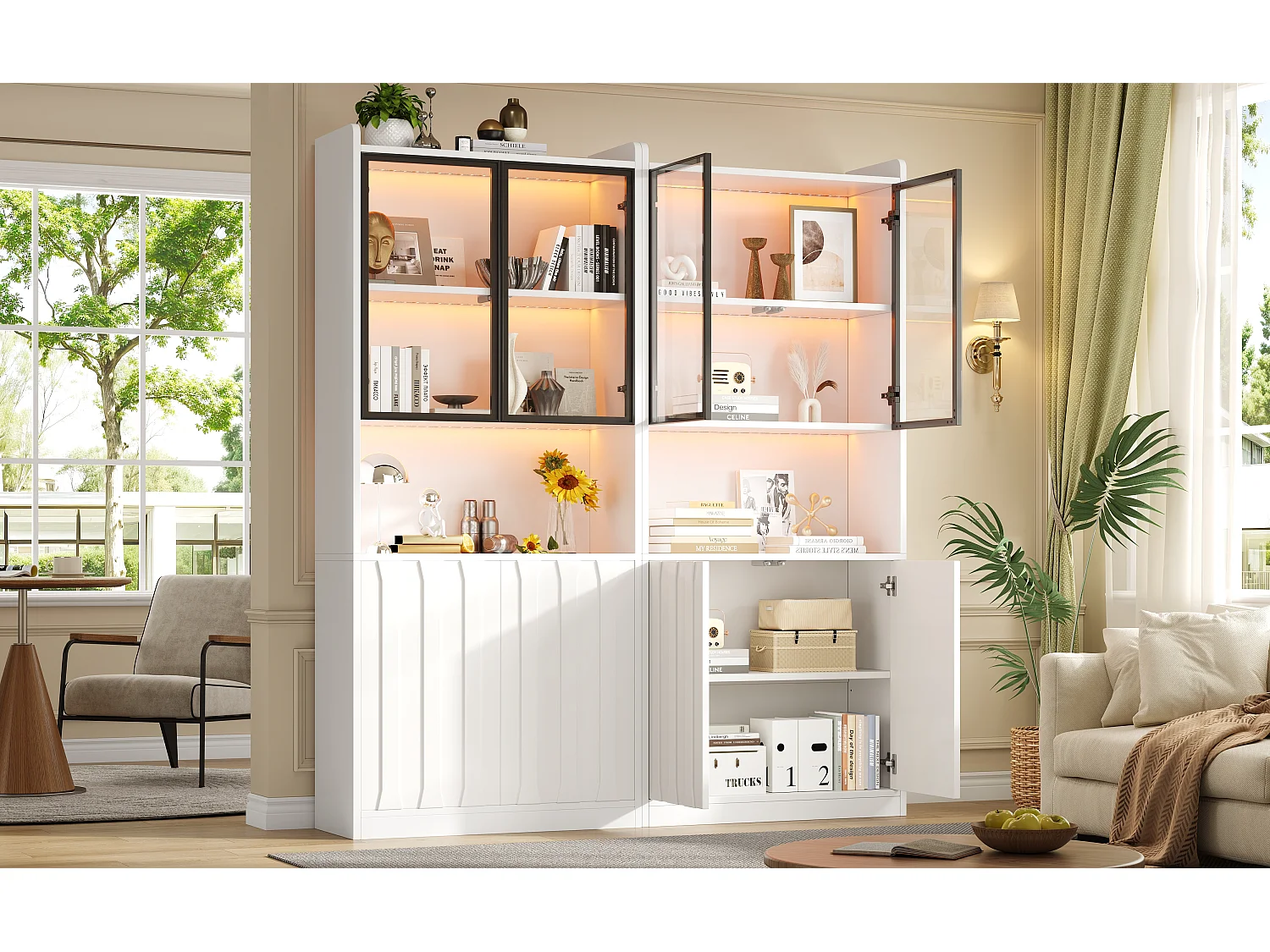 Vitrine aus Glas 160x35x200 cm - LED-Beleuchtung und offene Regale - 8 Türen und 10 Staufächer - Weiß