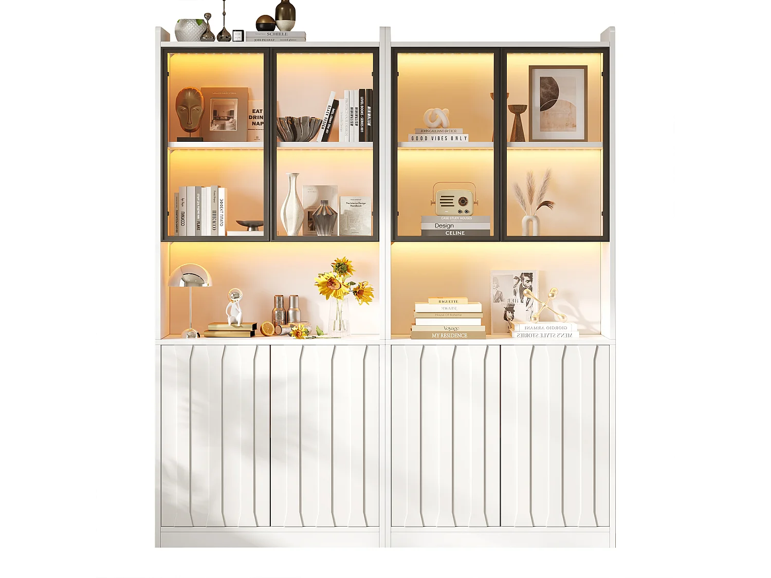 Vitrine aus Glas 160x35x200 cm - LED-Beleuchtung und offene Regale - 8 Türen und 10 Staufächer - Weiß