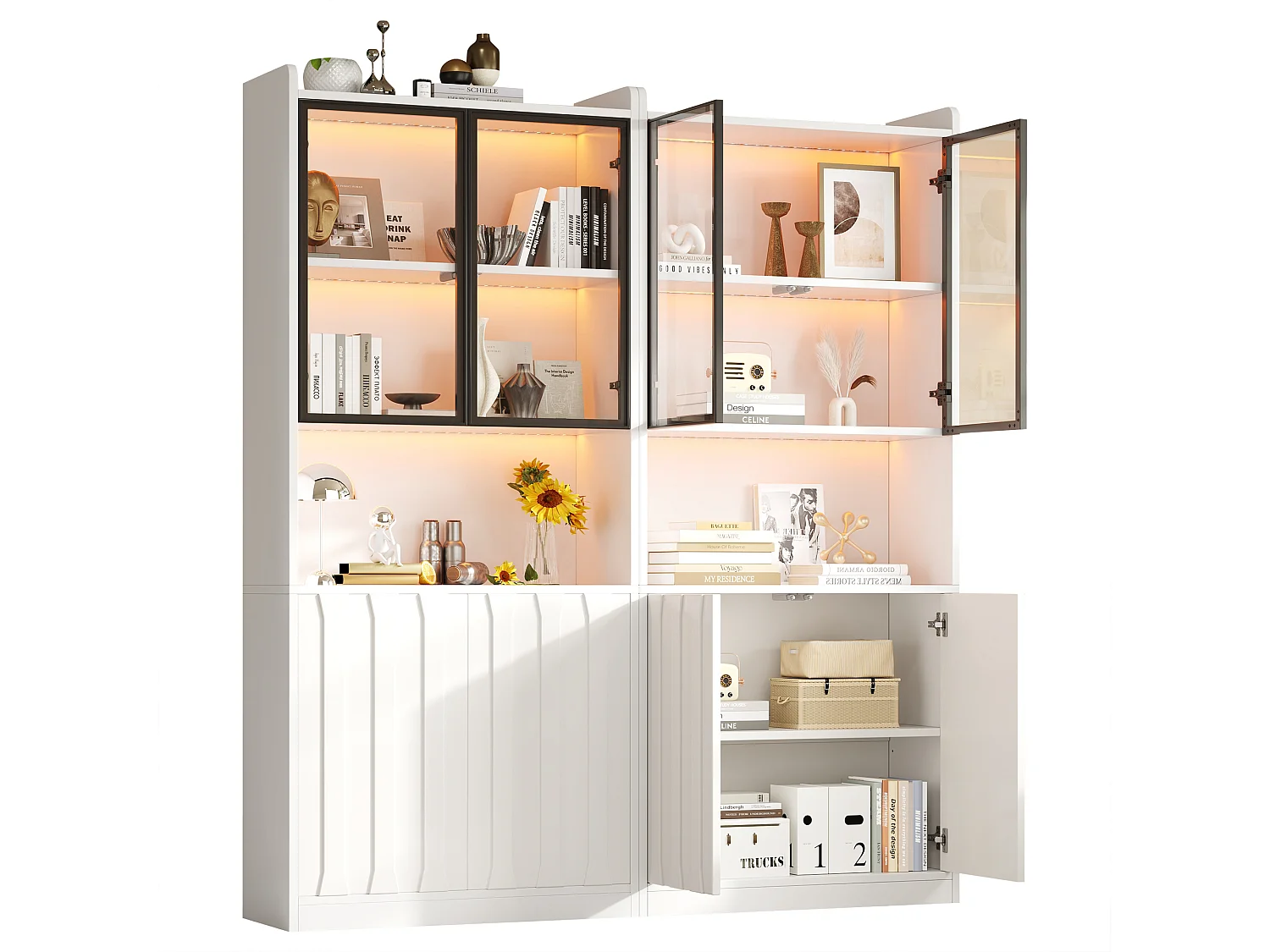 Vitrine aus Glas 160x35x200 cm - LED-Beleuchtung und offene Regale - 8 Türen und 10 Staufächer - Weiß