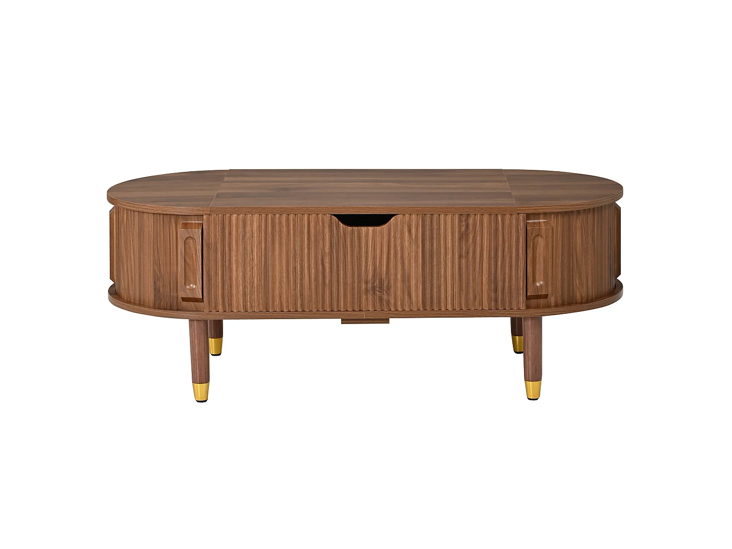 Oval hævebord - Justerbar bordpladehøjde - 2 skydedøre - Ben i gummitræ - MDF - Brun