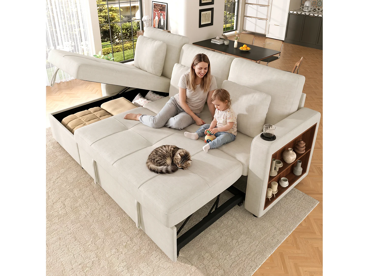 Sofá convertible de 3 plazas - Sofá cama con almacenamiento - Con reposabrazos y portavasos - Tela de chenilla - Beige claro