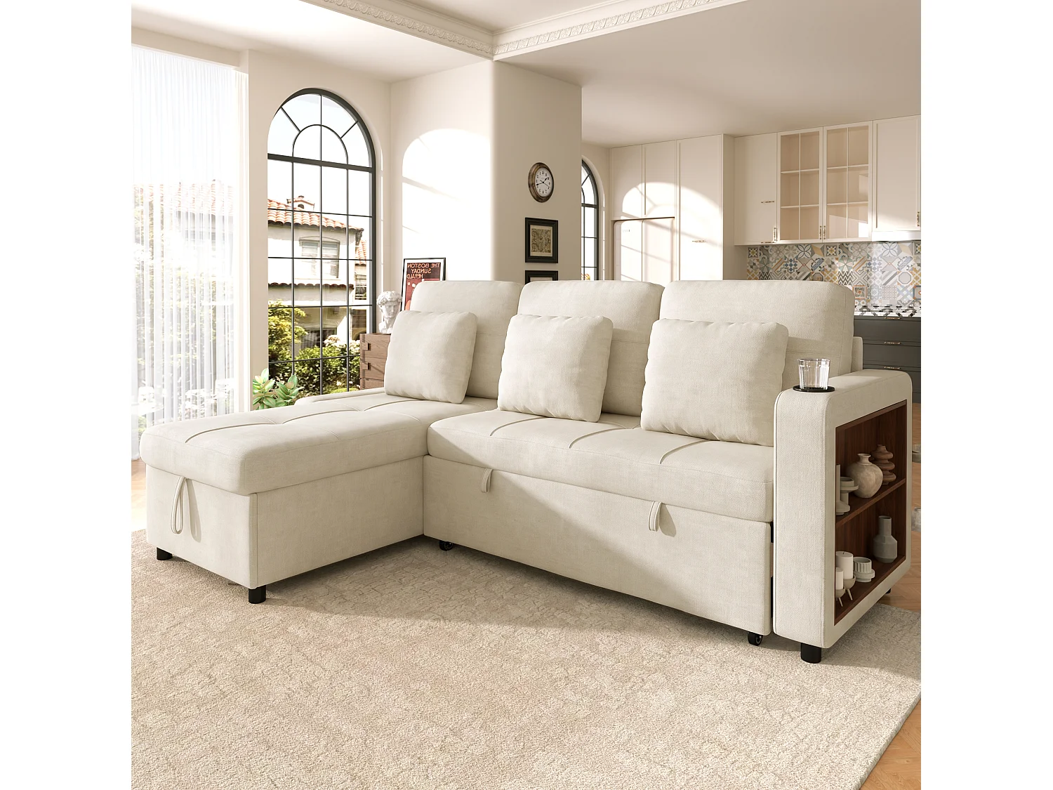Sofá convertible de 3 plazas - Sofá cama con almacenamiento - Con reposabrazos y portavasos - Tela de chenilla - Beige claro