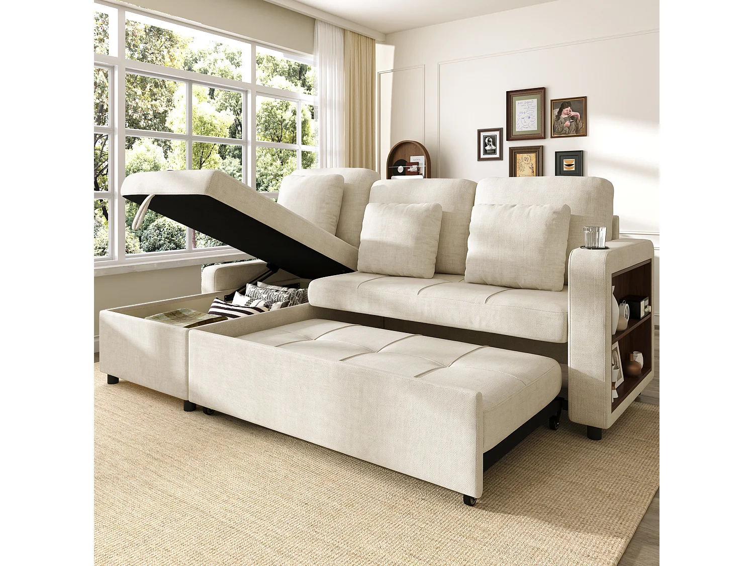 Sofá convertible de 3 plazas - Sofá cama con almacenamiento - Con reposabrazos y portavasos - Tela de chenilla - Beige claro