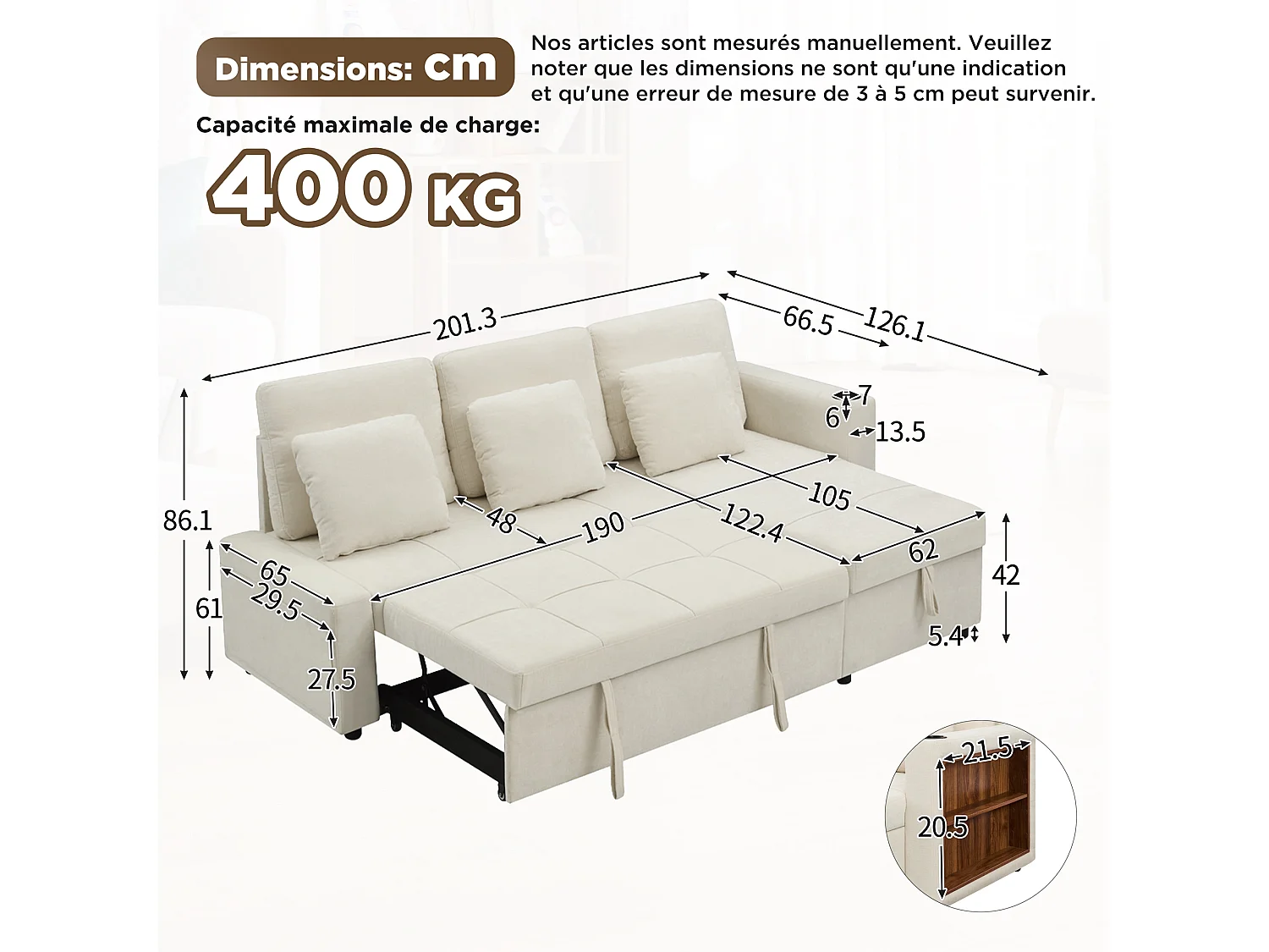 Sofá convertible de 3 plazas - Sofá cama con almacenamiento - Con reposabrazos y portavasos - Tela de chenilla - Beige claro