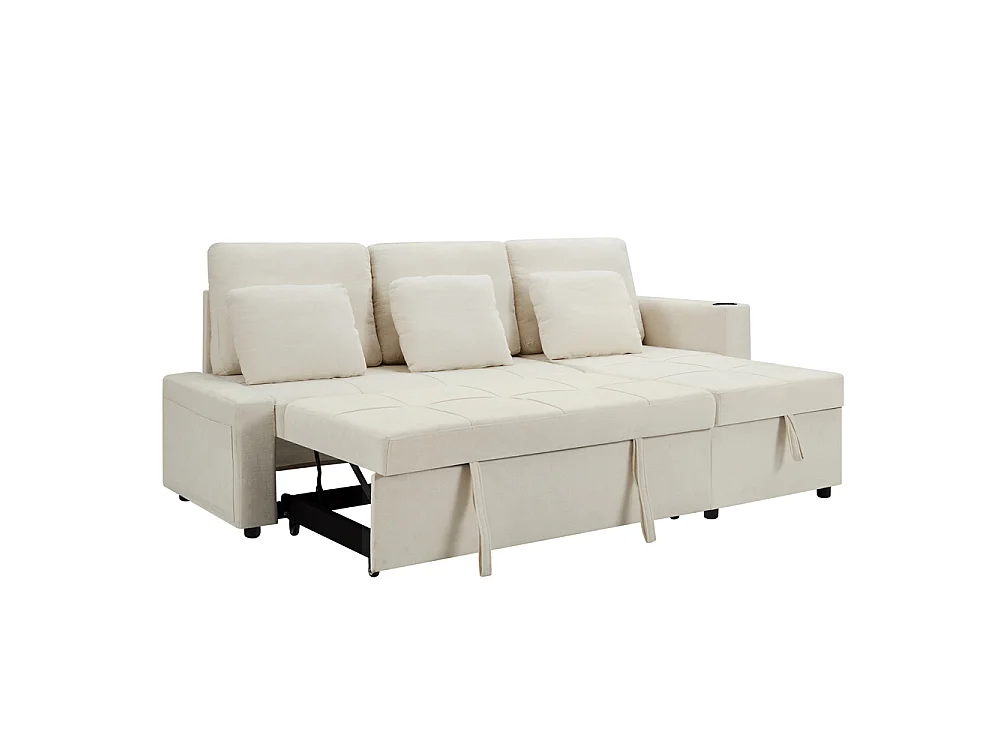Sofá convertible de 3 plazas - Sofá cama con almacenamiento - Con reposabrazos y portavasos - Tela de chenilla - Beige claro