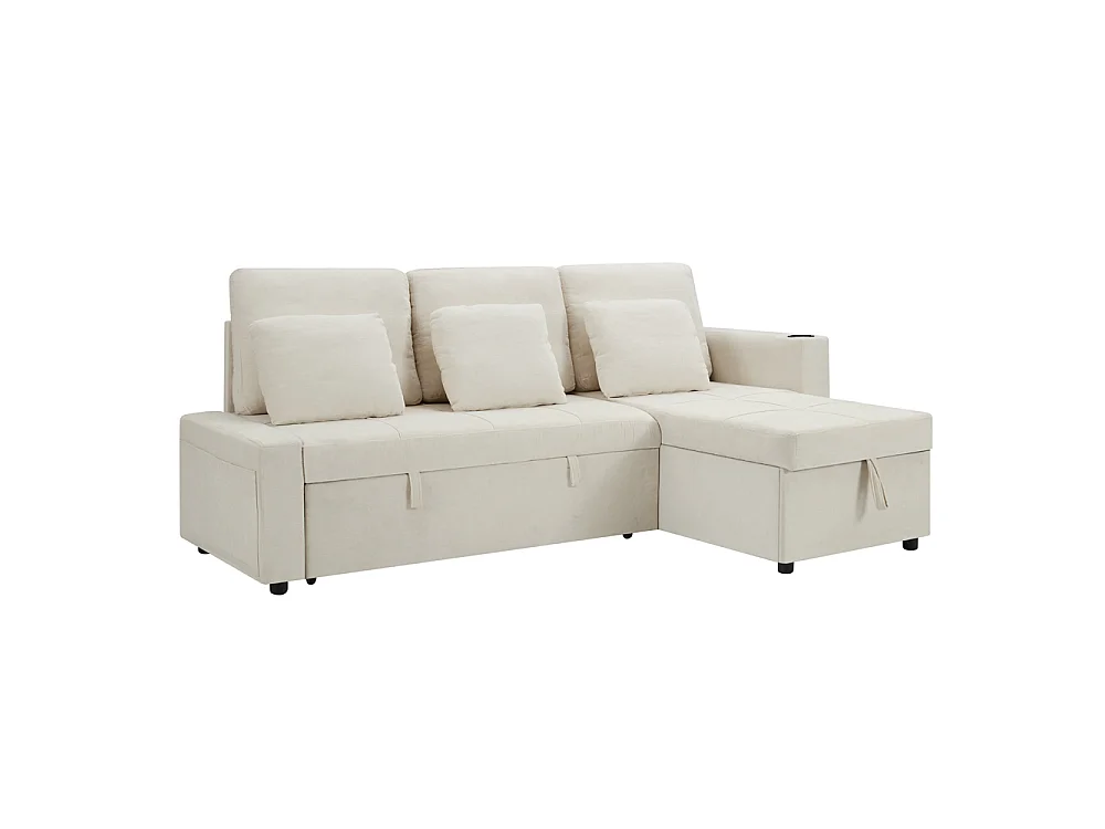 Sofá convertible de 3 plazas - Sofá cama con almacenamiento - Con reposabrazos y portavasos - Tela de chenilla - Beige claro
