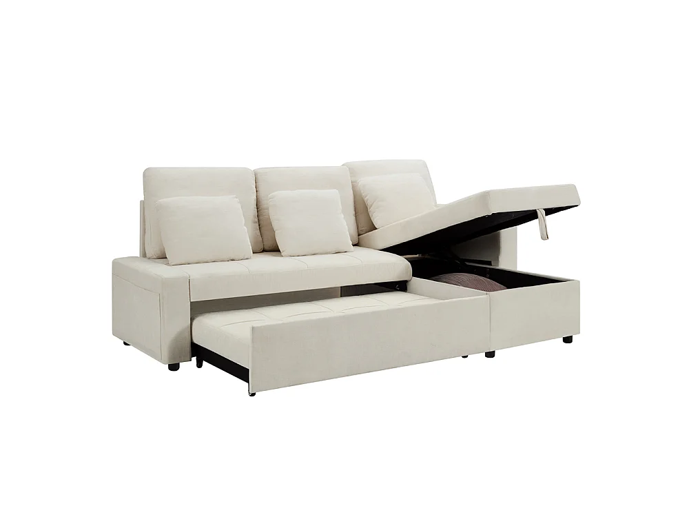 Sofá convertible de 3 plazas - Sofá cama con almacenamiento - Con reposabrazos y portavasos - Tela de chenilla - Beige claro