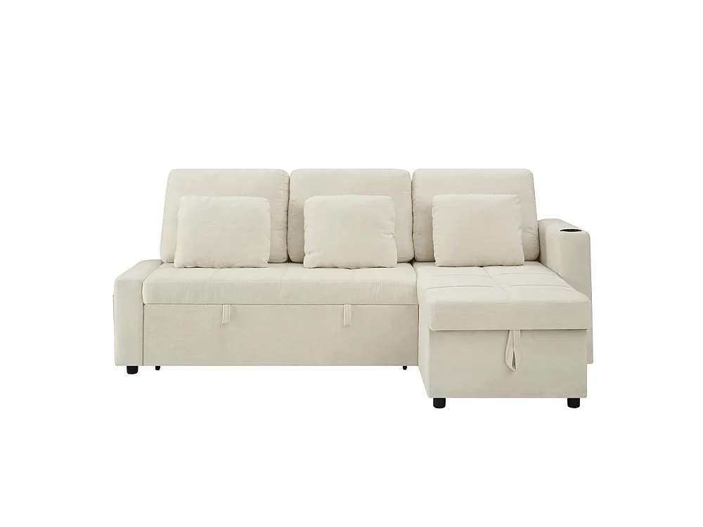 Sofá convertible de 3 plazas - Sofá cama con almacenamiento - Con reposabrazos y portavasos - Tela de chenilla - Beige claro