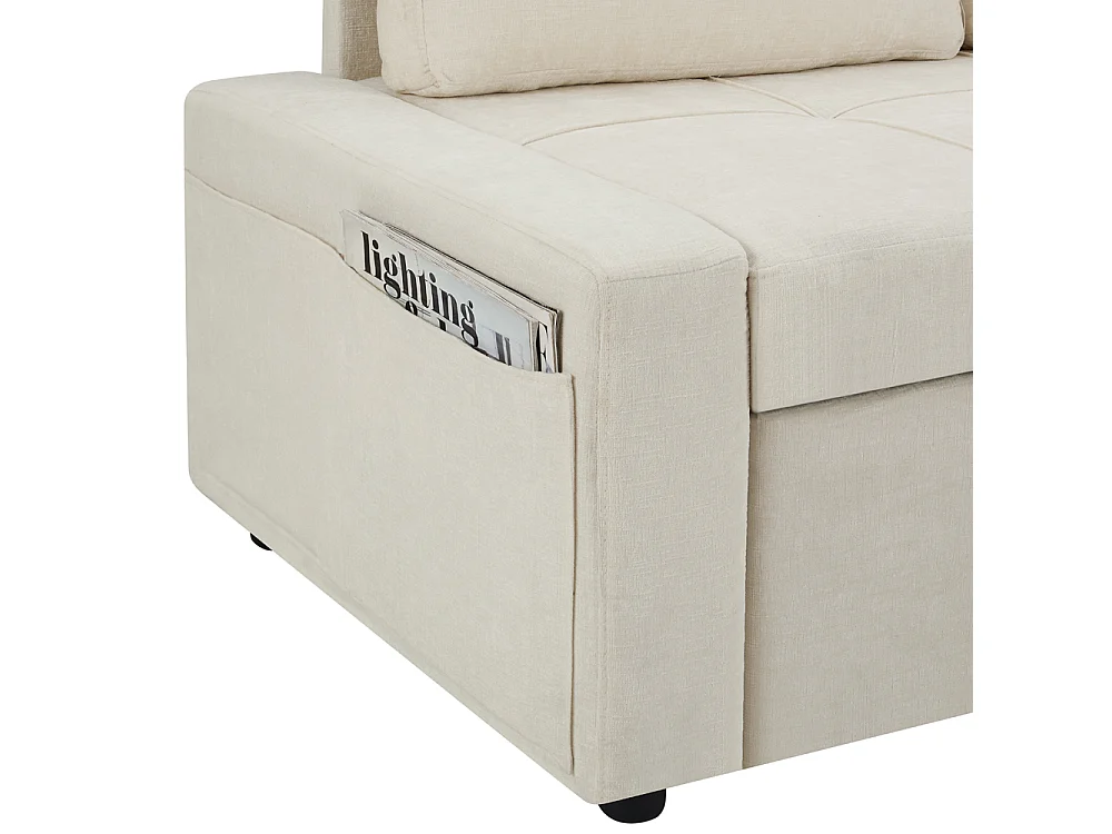 Sofá convertible de 3 plazas - Sofá cama con almacenamiento - Con reposabrazos y portavasos - Tela de chenilla - Beige claro