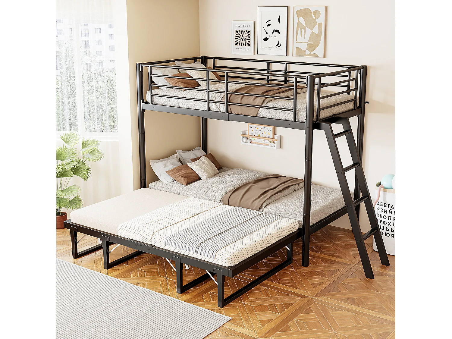 Metal stapelbed 90 x 200 cm - met uittrekbaar bed - met veiligheidsladder - met veiligheidshekken - zwart (matras niet inbegrepen)