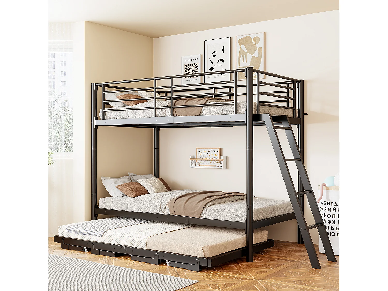 Metal stapelbed 90 x 200 cm - met uittrekbaar bed - met veiligheidsladder - met veiligheidshekken - zwart (matras niet inbegrepen)