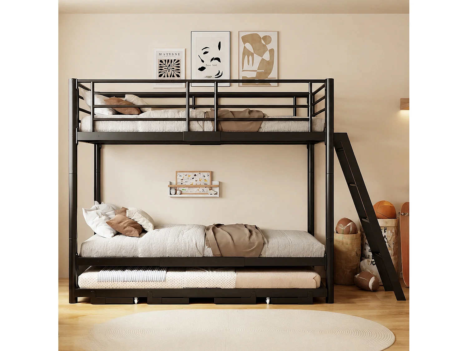 Metal stapelbed 90 x 200 cm - met uittrekbaar bed - met veiligheidsladder - met veiligheidshekken - zwart (matras niet inbegrepen)
