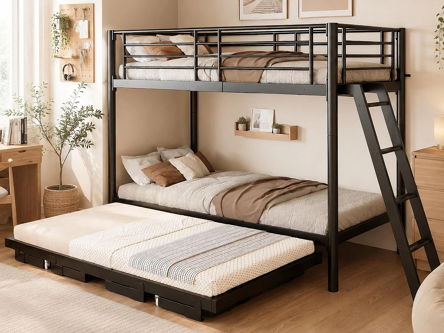 Metal stapelbed 90 x 200 cm - met uittrekbaar bed - met veiligheidsladder - met veiligheidshekken - zwart (matras niet inbegrepen)
