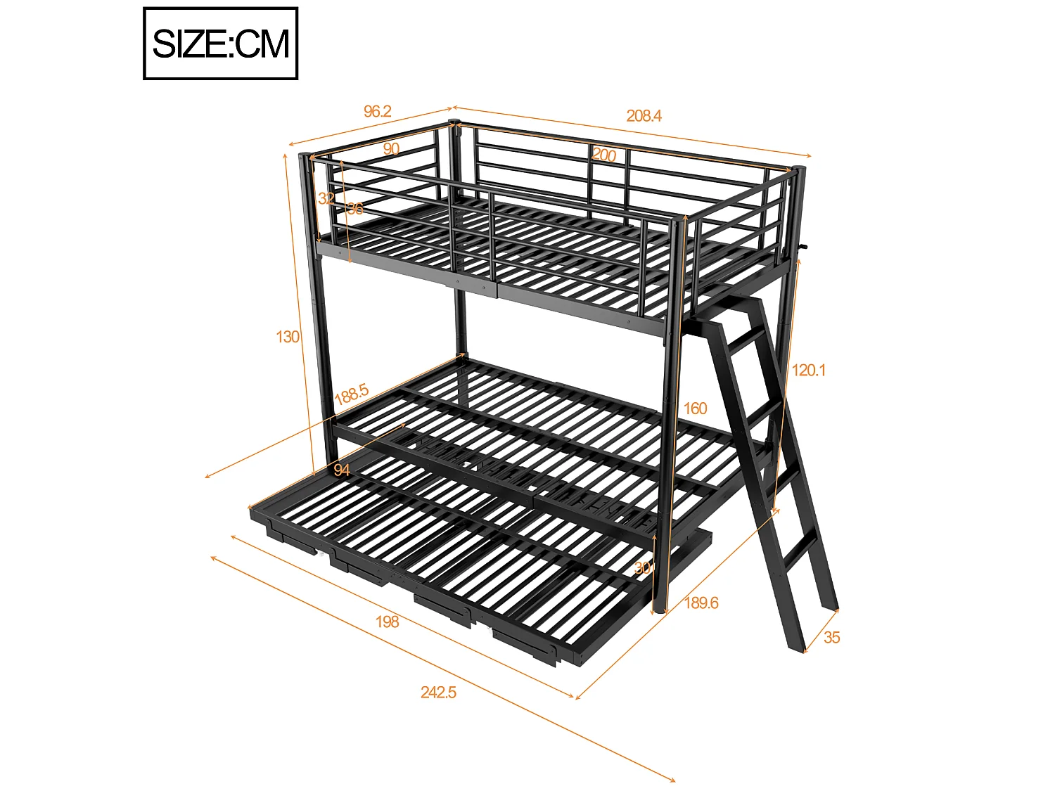 Metal stapelbed 90 x 200 cm - met uittrekbaar bed - met veiligheidsladder - met veiligheidshekken - zwart (matras niet inbegrepen)