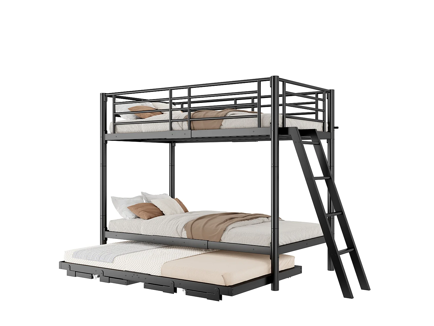 Metal stapelbed 90 x 200 cm - met uittrekbaar bed - met veiligheidsladder - met veiligheidshekken - zwart (matras niet inbegrepen)