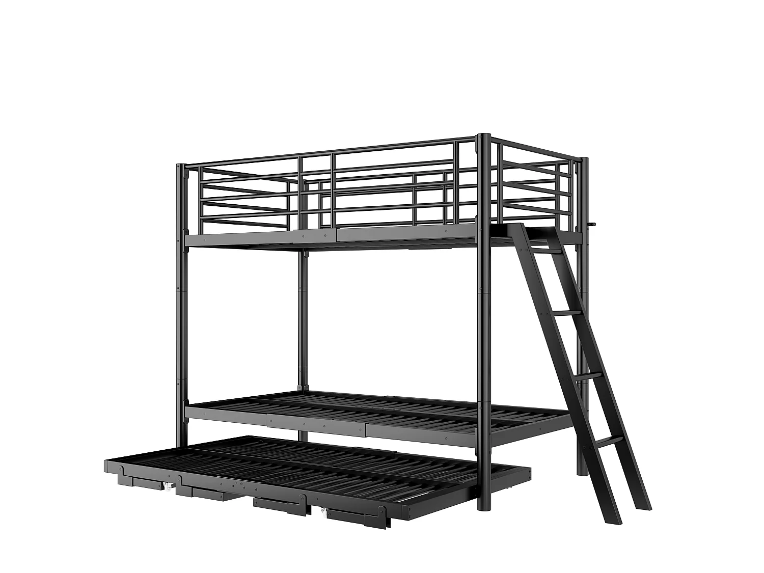 Metal stapelbed 90 x 200 cm - met uittrekbaar bed - met veiligheidsladder - met veiligheidshekken - zwart (matras niet inbegrepen)