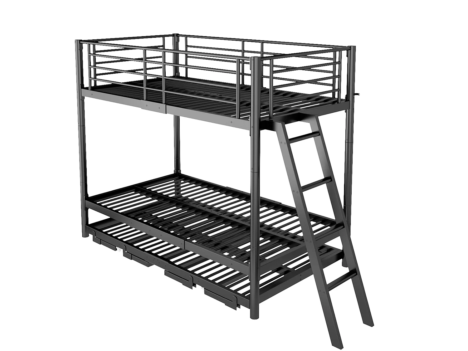 Metal stapelbed 90 x 200 cm - met uittrekbaar bed - met veiligheidsladder - met veiligheidshekken - zwart (matras niet inbegrepen)
