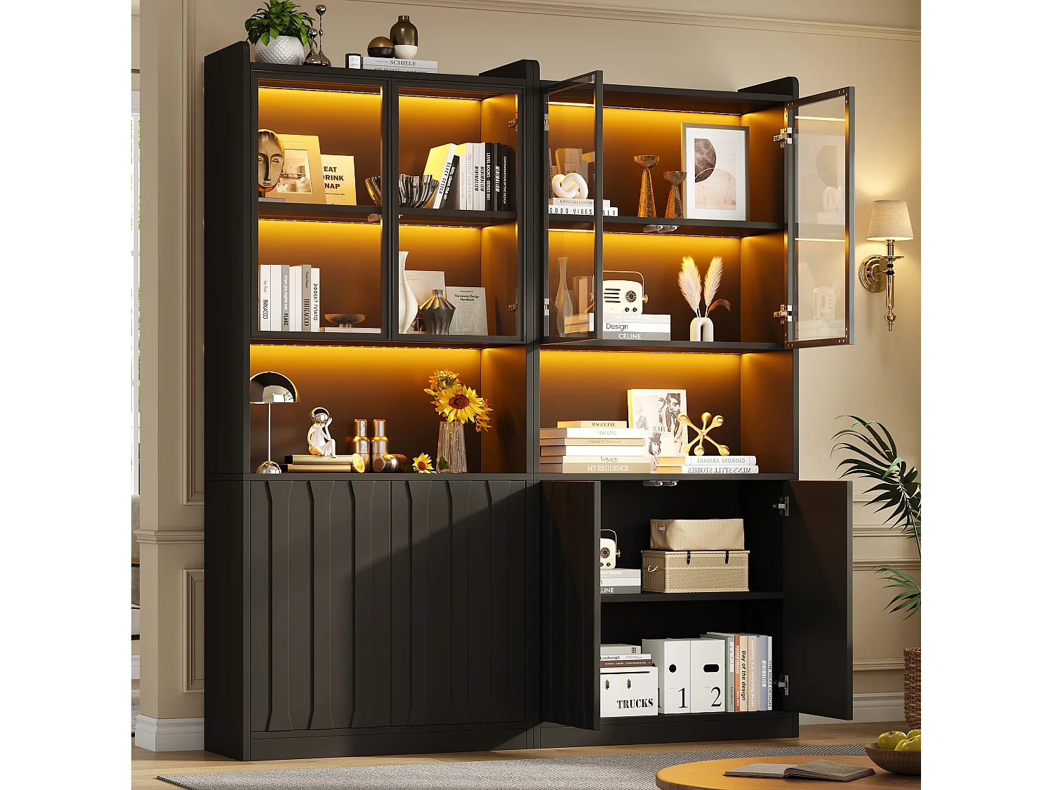Vitrine van glas 160x35x200 cm - LED-verlichting en open planken - 8 deuren en 10 opbergvakken - Zwart