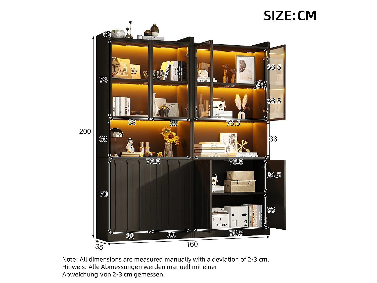 Vitrine van glas 160x35x200 cm - LED-verlichting en open planken - 8 deuren en 10 opbergvakken - Zwart