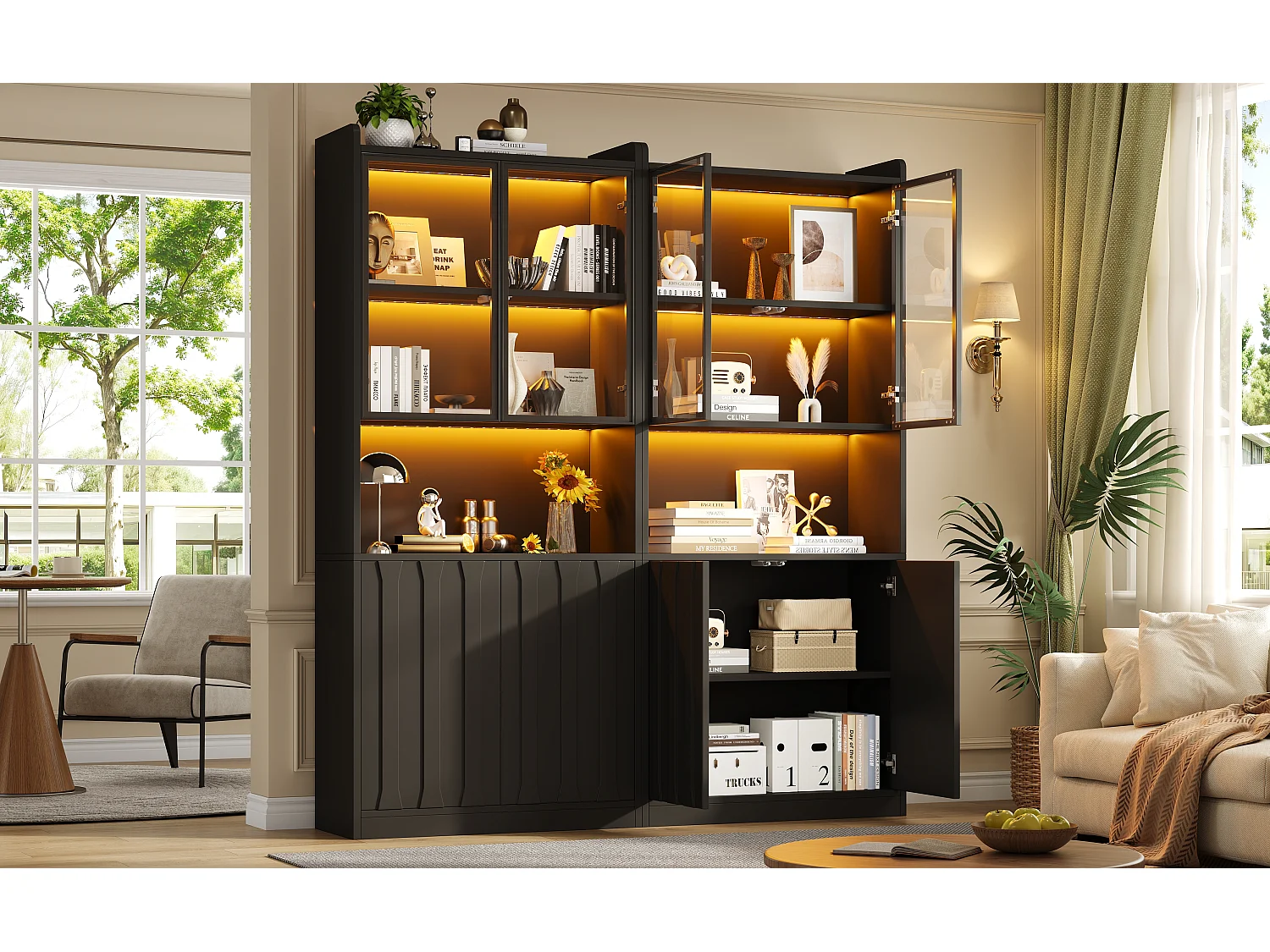 Vitrine van glas 160x35x200 cm - LED-verlichting en open planken - 8 deuren en 10 opbergvakken - Zwart
