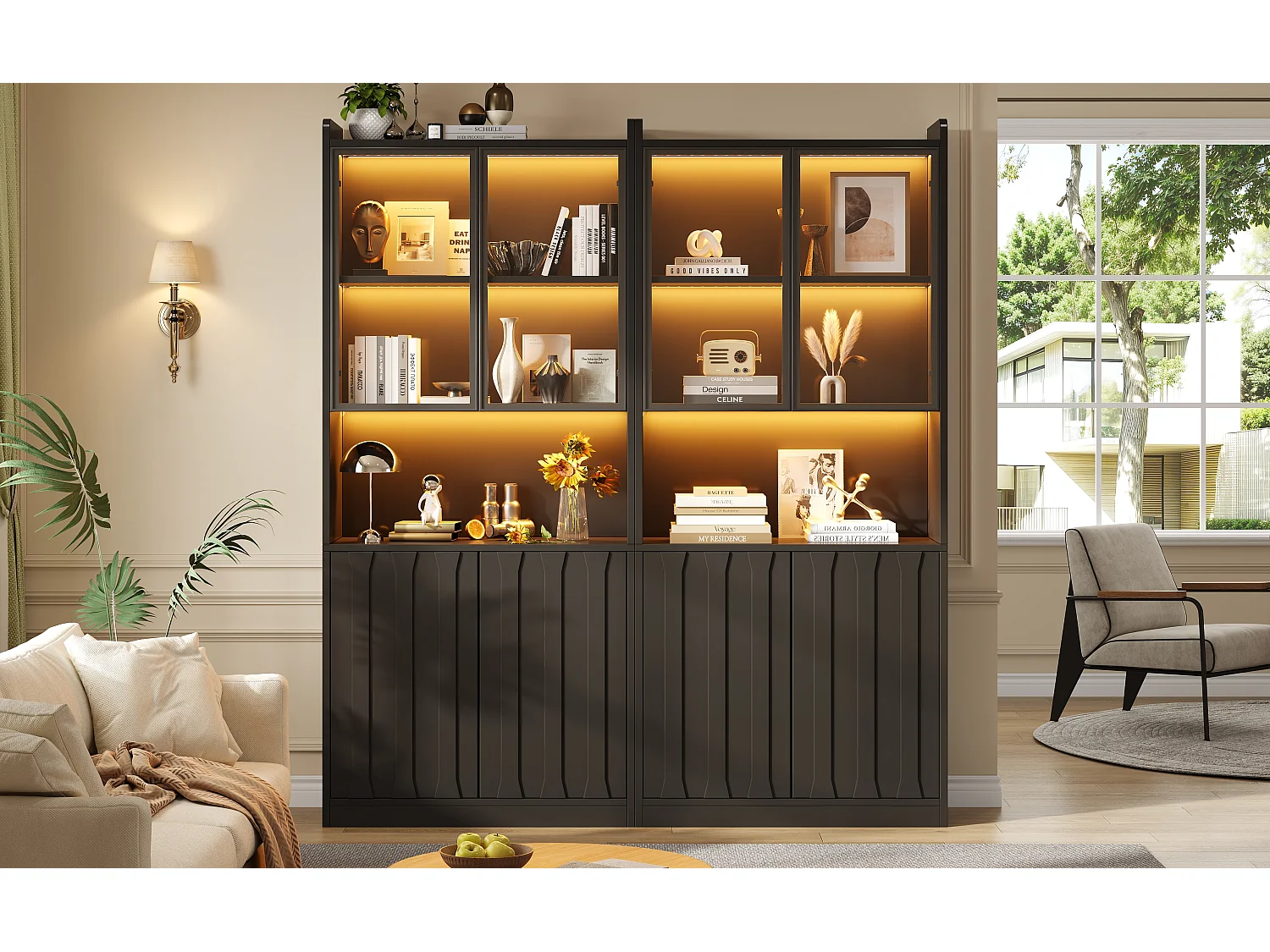 Vitrine van glas 160x35x200 cm - LED-verlichting en open planken - 8 deuren en 10 opbergvakken - Zwart
