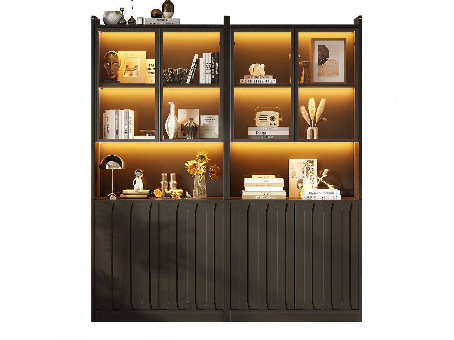 Vitrine van glas 160x35x200 cm - LED-verlichting en open planken - 8 deuren en 10 opbergvakken - Zwart