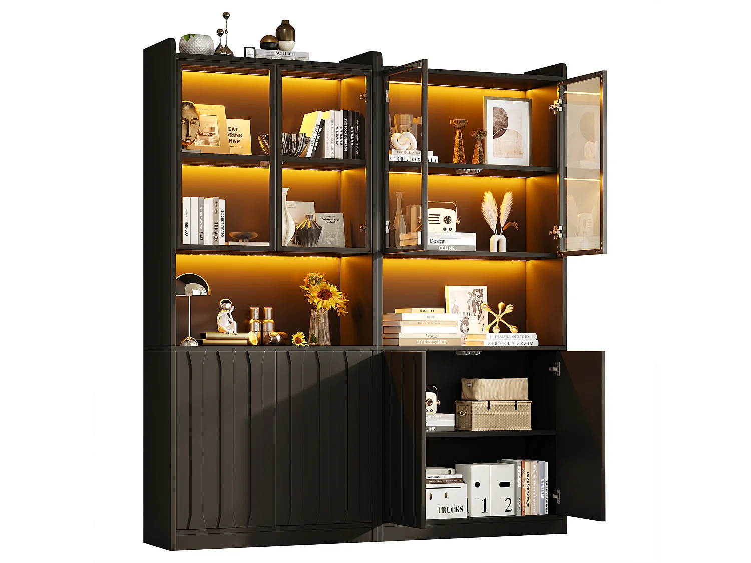 Vitrine van glas 160x35x200 cm - LED-verlichting en open planken - 8 deuren en 10 opbergvakken - Zwart
