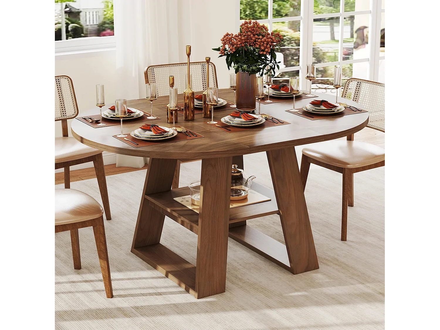 Mesa de comedor extensible 110/150x110 cm - Ideal para 4 a 6 personas - Mesa redonda - con almacenamiento y estantes - Marrón