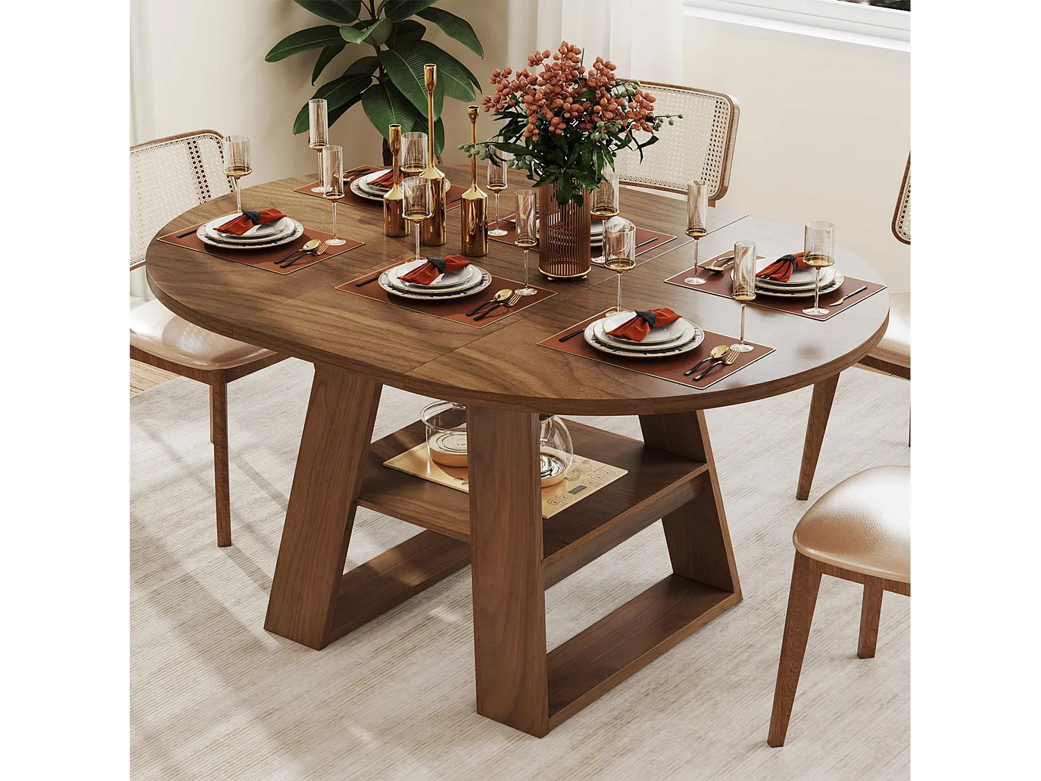 Mesa de comedor extensible 110/150x110 cm - Ideal para 4 a 6 personas - Mesa redonda - con almacenamiento y estantes - Marrón