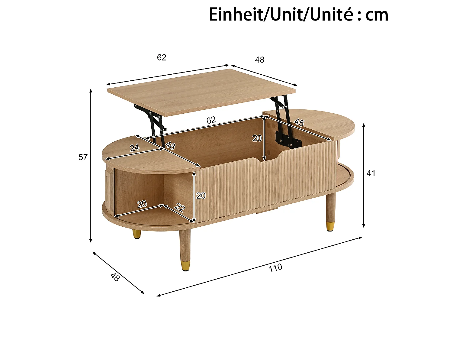 Ovale optrekbare salontafel - Verstelbare plaathoogte - 2 schuifdeuren - Poten van rubberhout - MDF - Natuurlijk