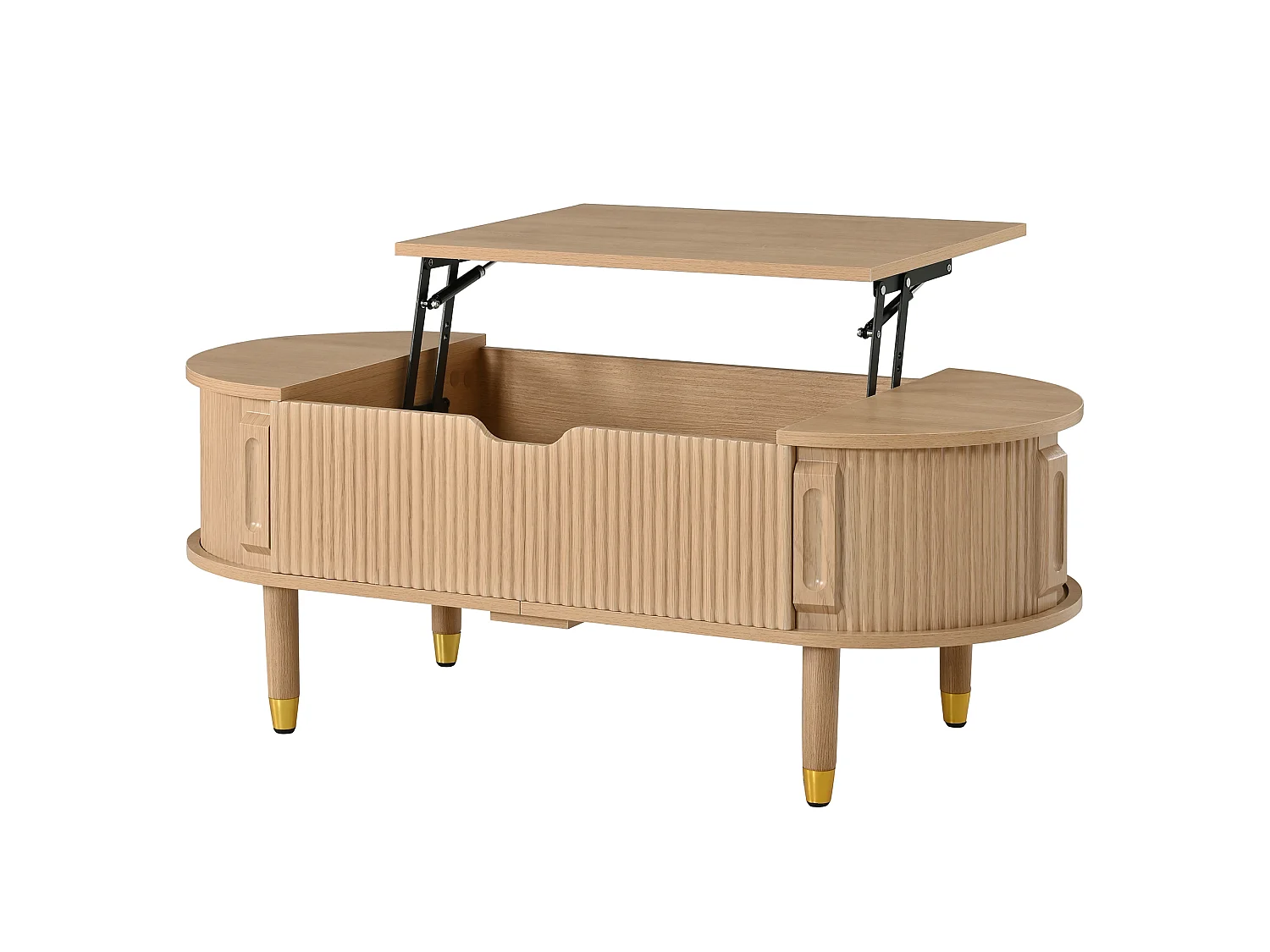 Ovale optrekbare salontafel - Verstelbare plaathoogte - 2 schuifdeuren - Poten van rubberhout - MDF - Natuurlijk