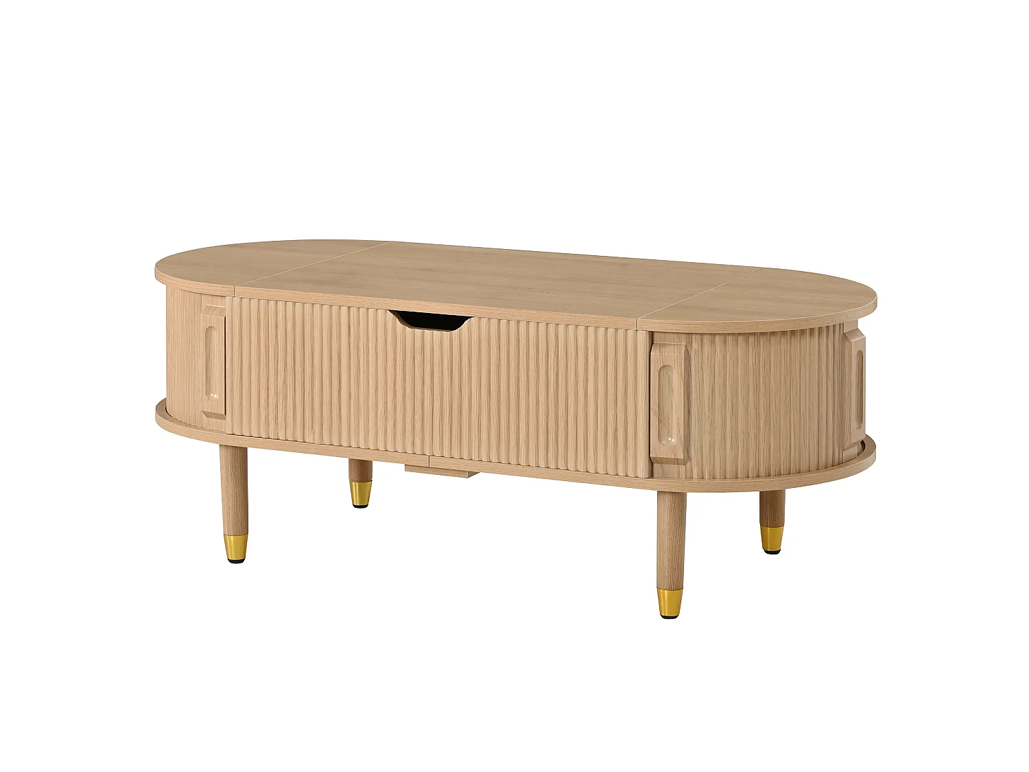 Ovale optrekbare salontafel - Verstelbare plaathoogte - 2 schuifdeuren - Poten van rubberhout - MDF - Natuurlijk