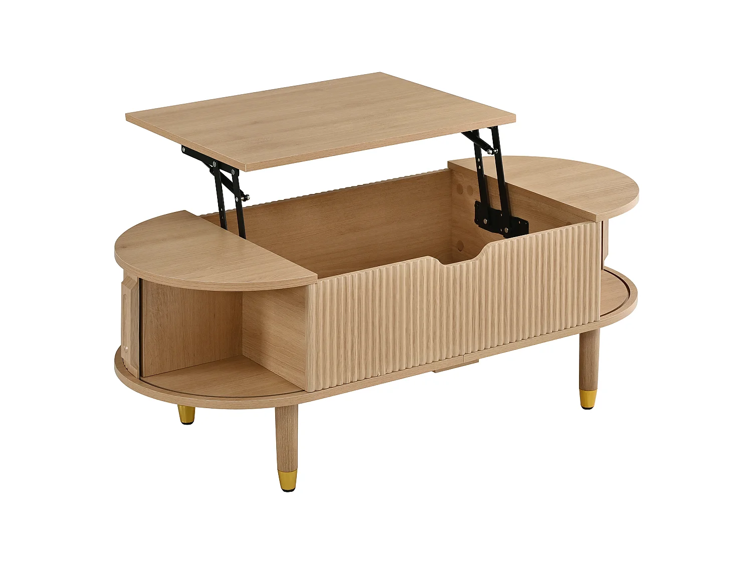 Ovale optrekbare salontafel - Verstelbare plaathoogte - 2 schuifdeuren - Poten van rubberhout - MDF - Natuurlijk