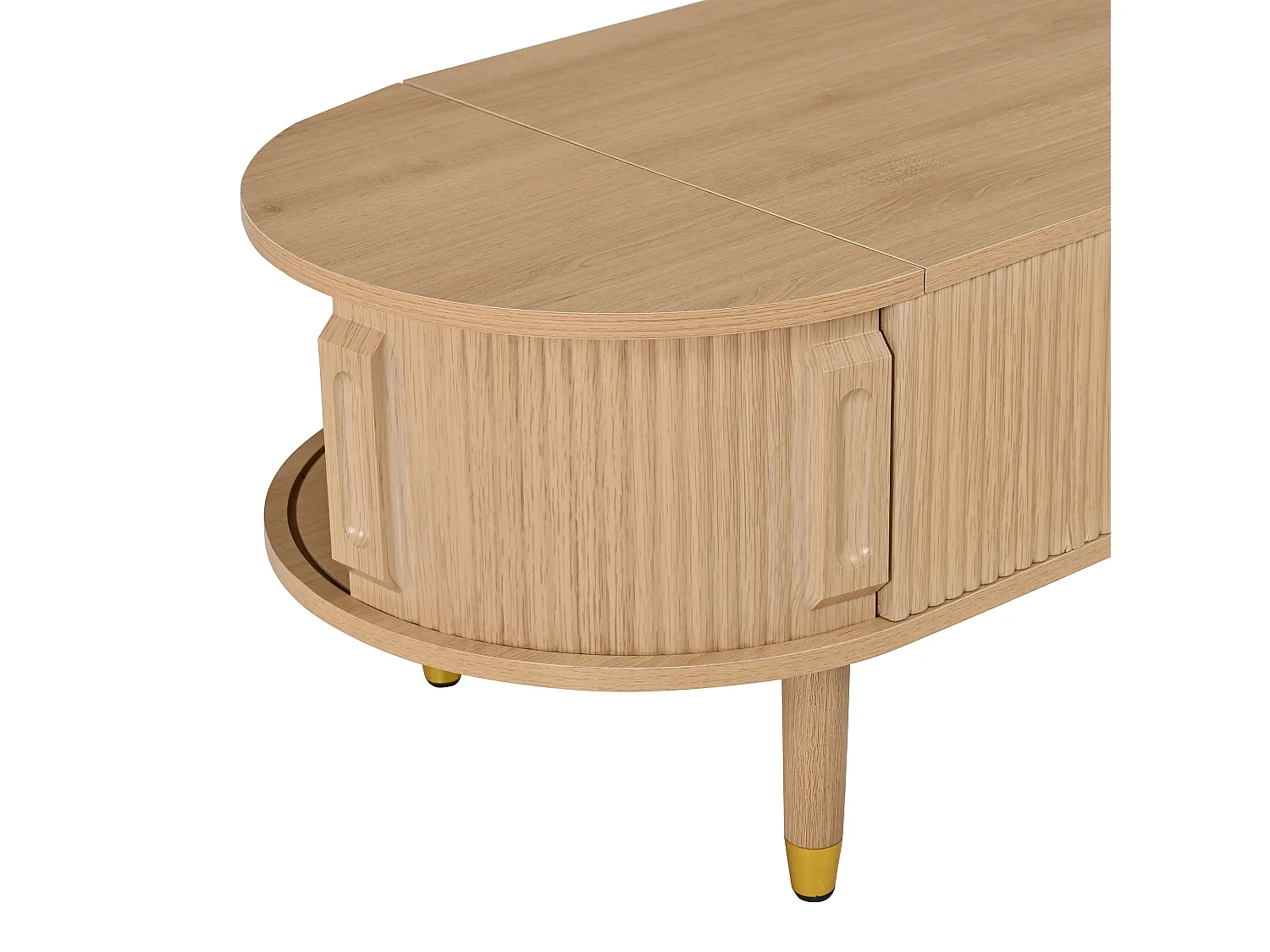 Ovale optrekbare salontafel - Verstelbare plaathoogte - 2 schuifdeuren - Poten van rubberhout - MDF - Natuurlijk