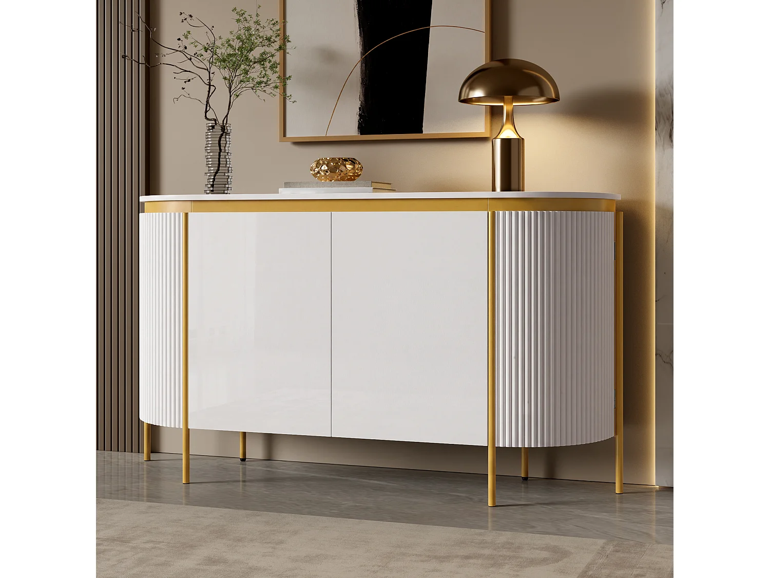 Buffet ovale moderne 140 x 38 x 80 cm - Pieds en fer - 4 portes - Angles arrondis - Gestion des câbles - MDF - Blanc
