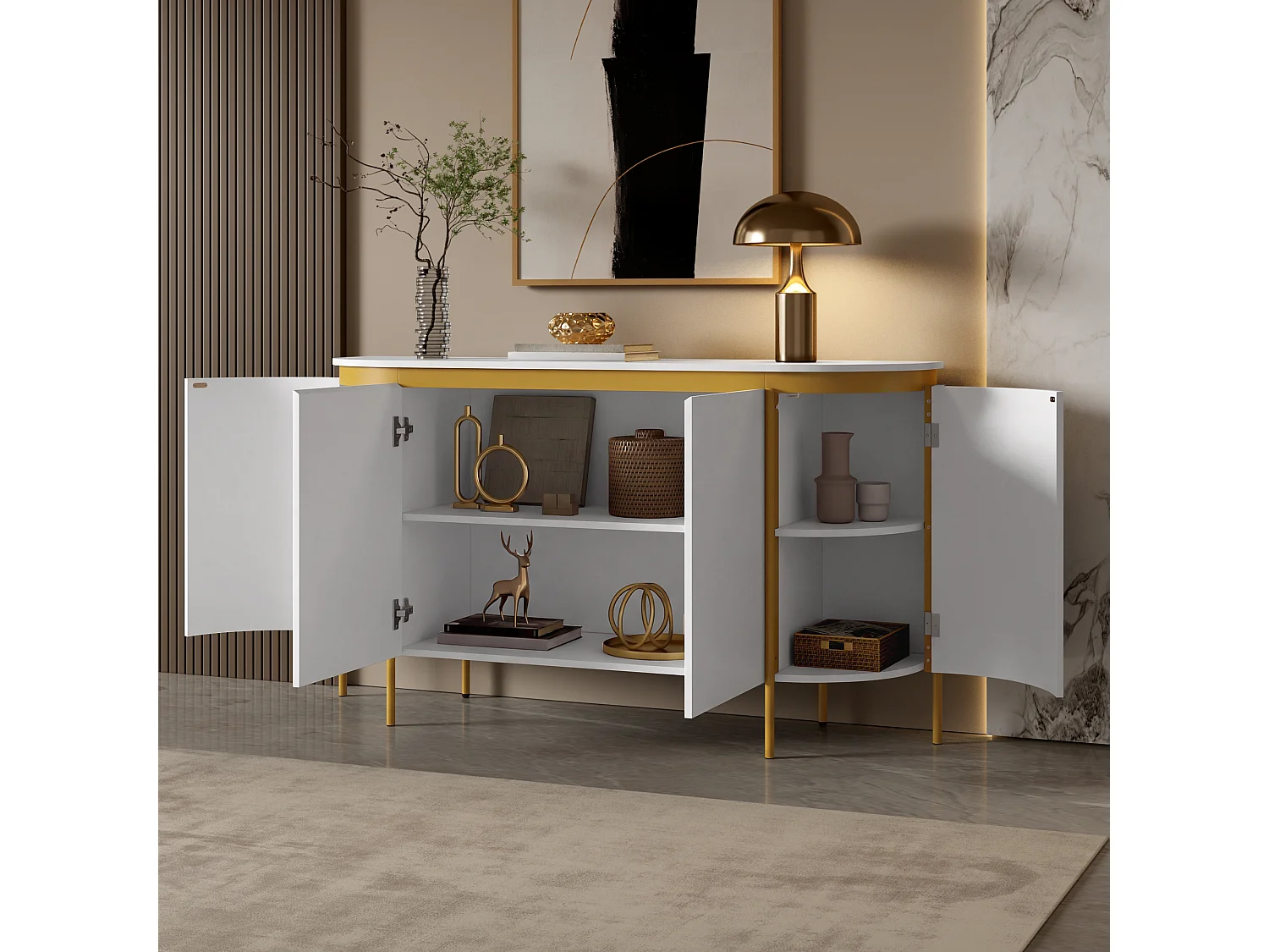 Buffet ovale moderne 140 x 38 x 80 cm - Pieds en fer - 4 portes - Angles arrondis - Gestion des câbles - MDF - Blanc