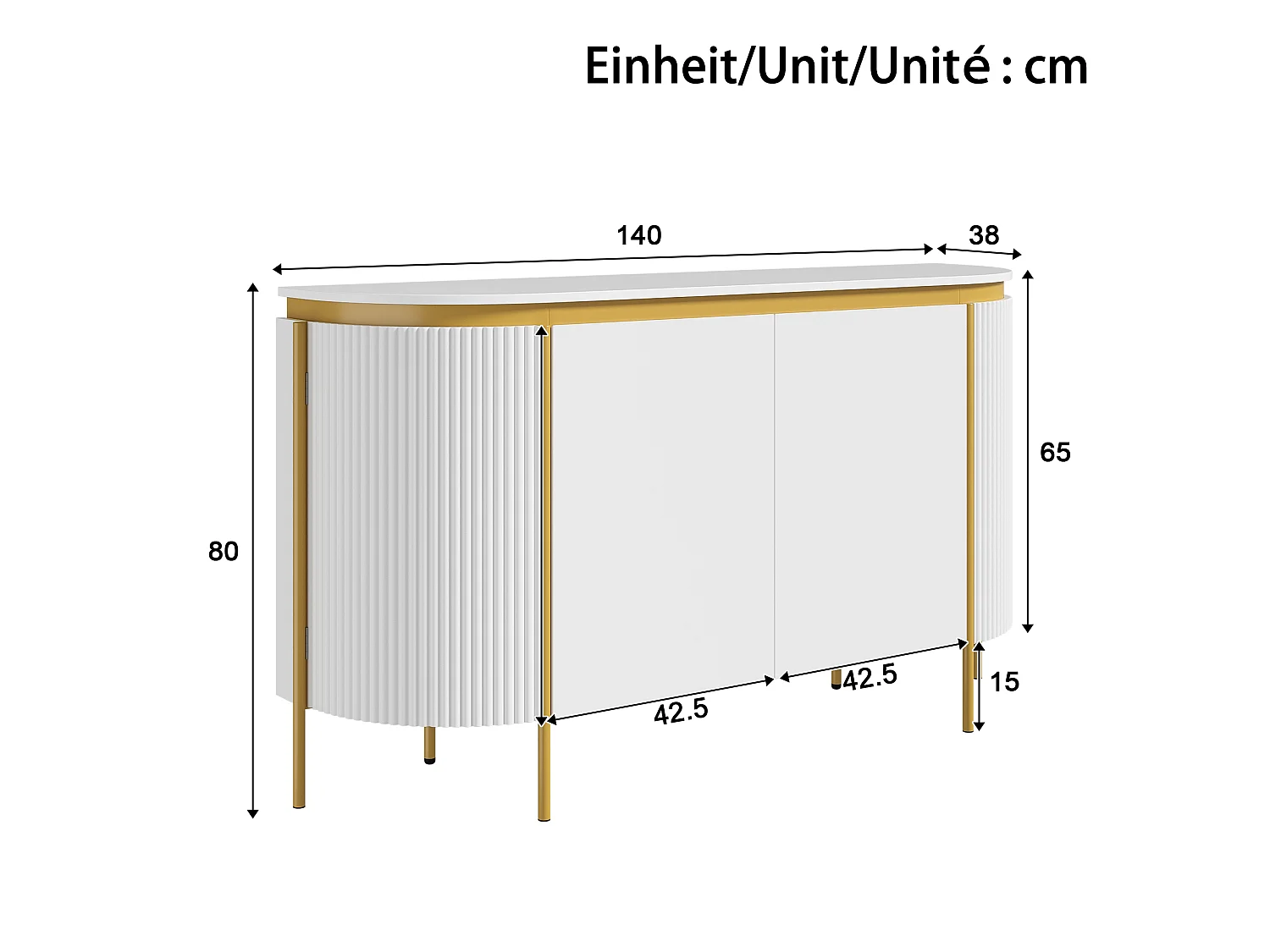 Buffet ovale moderne 140 x 38 x 80 cm - Pieds en fer - 4 portes - Angles arrondis - Gestion des câbles - MDF - Blanc