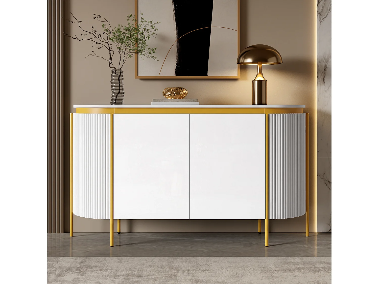 Buffet ovale moderne 140 x 38 x 80 cm - Pieds en fer - 4 portes - Angles arrondis - Gestion des câbles - MDF - Blanc