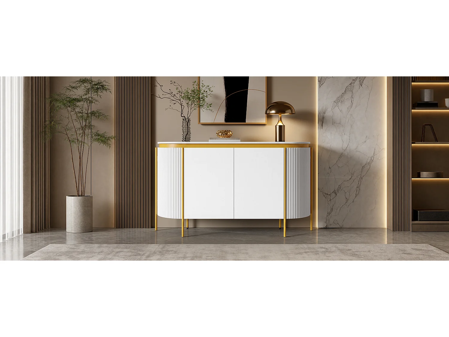 Buffet ovale moderne 140 x 38 x 80 cm - Pieds en fer - 4 portes - Angles arrondis - Gestion des câbles - MDF - Blanc
