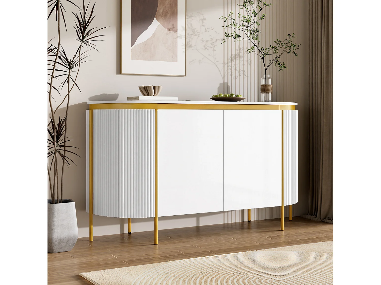 Buffet ovale moderne 140 x 38 x 80 cm - Pieds en fer - 4 portes - Angles arrondis - Gestion des câbles - MDF - Blanc