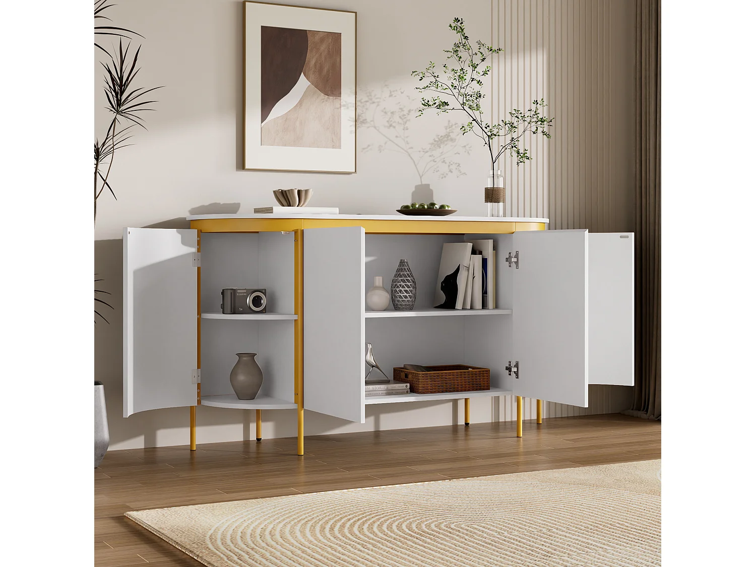 Buffet ovale moderne 140 x 38 x 80 cm - Pieds en fer - 4 portes - Angles arrondis - Gestion des câbles - MDF - Blanc
