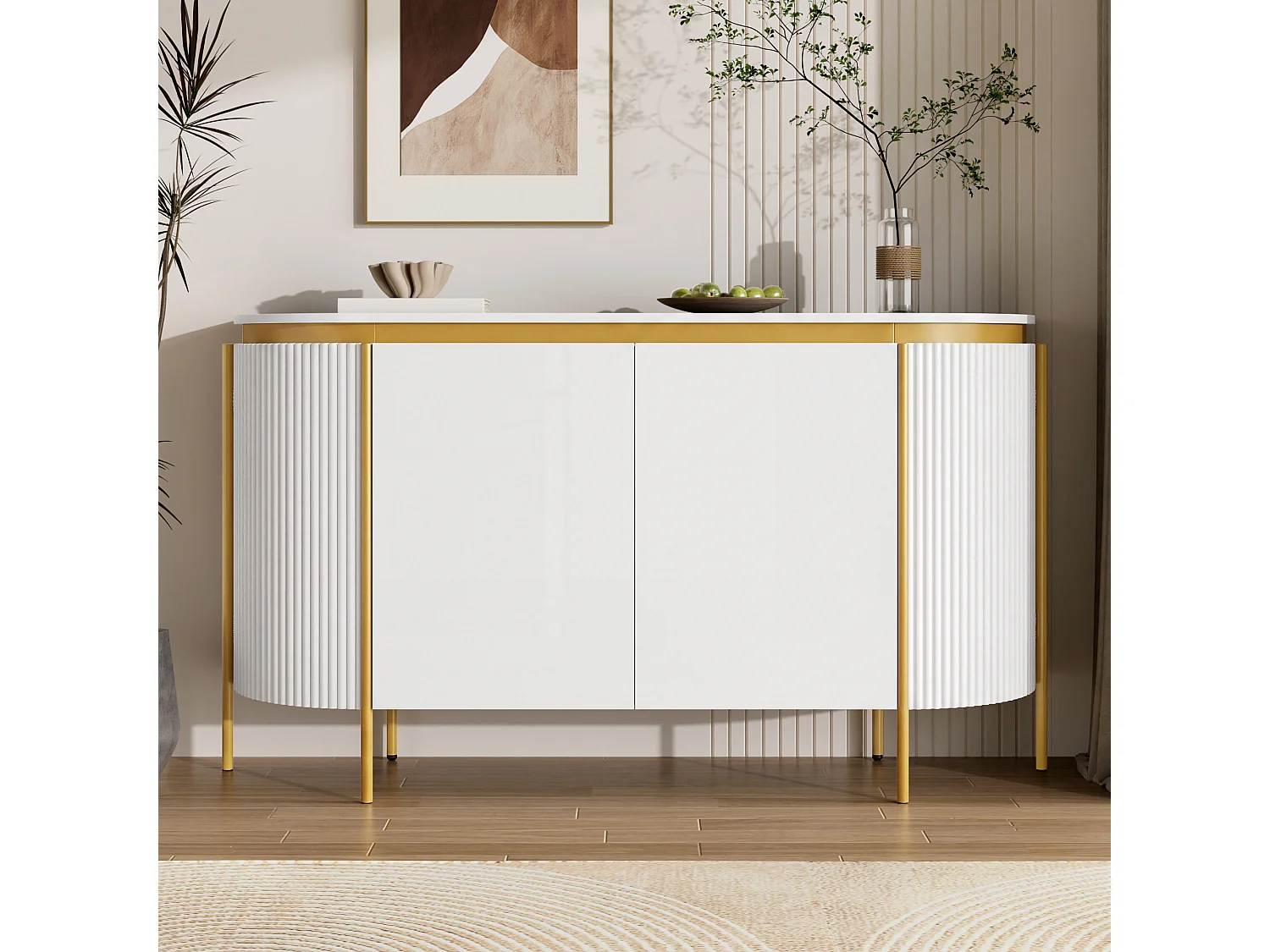 Buffet ovale moderne 140 x 38 x 80 cm - Pieds en fer - 4 portes - Angles arrondis - Gestion des câbles - MDF - Blanc