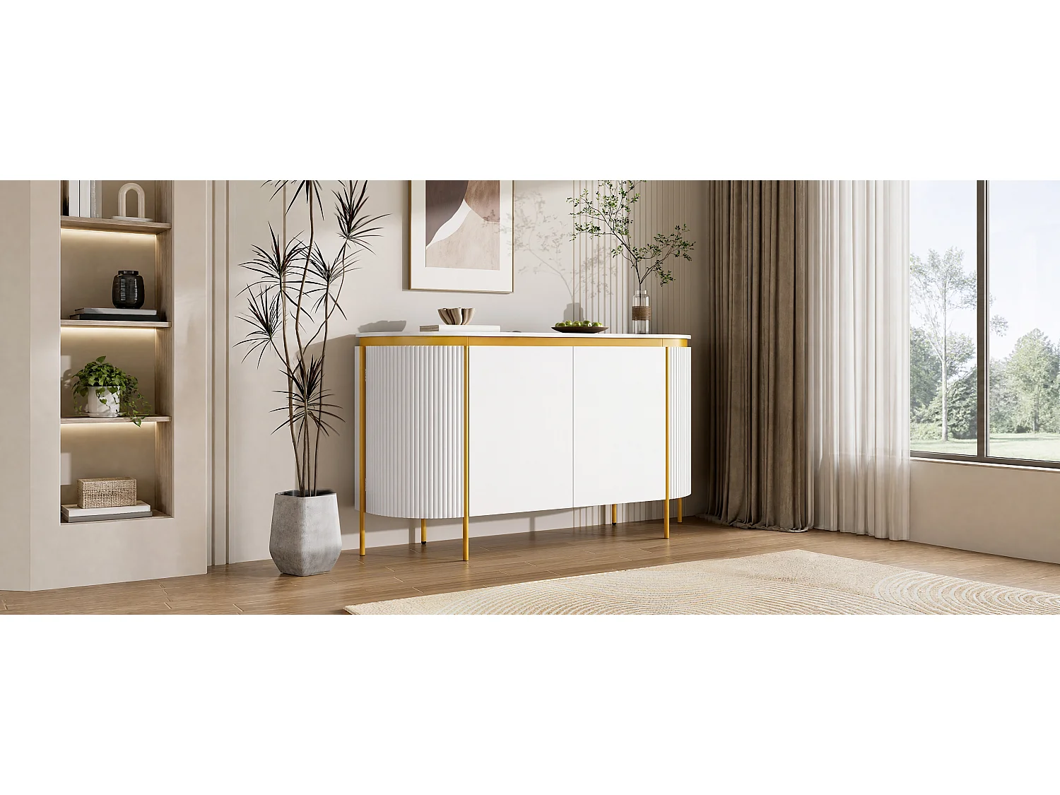 Buffet ovale moderne 140 x 38 x 80 cm - Pieds en fer - 4 portes - Angles arrondis - Gestion des câbles - MDF - Blanc