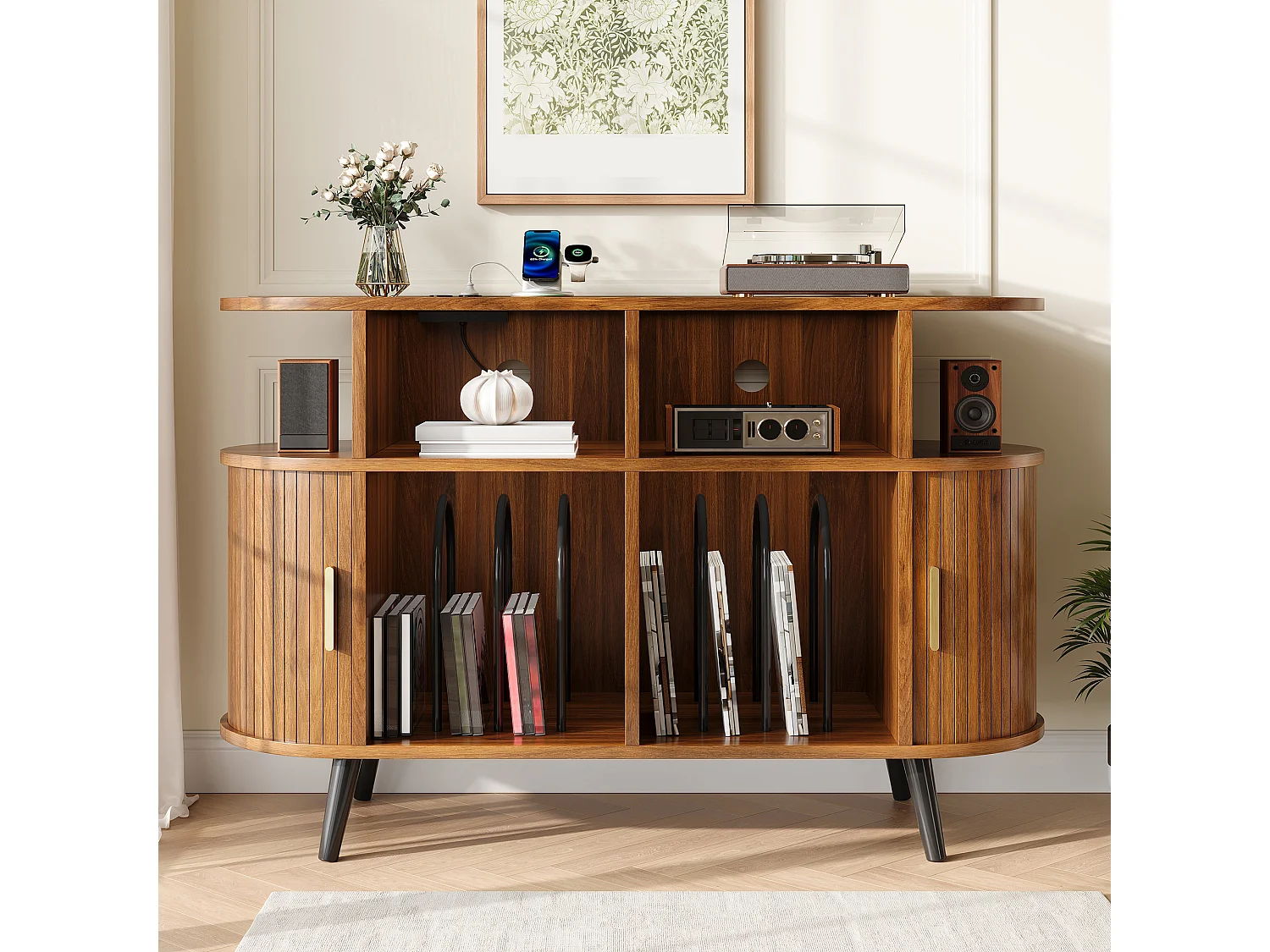 Ovalt vinylbuffet - 3 rum til vinylplader - Opladningsport - 2 skydedøre - Jernben - MDF - Brun