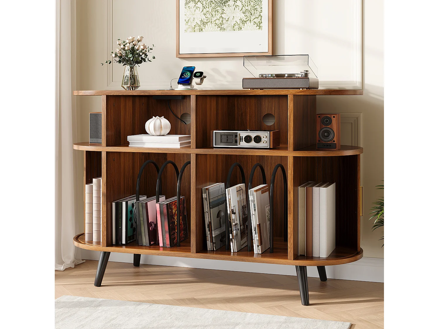 Ovalt vinylbuffet - 3 rum til vinylplader - Opladningsport - 2 skydedøre - Jernben - MDF - Brun
