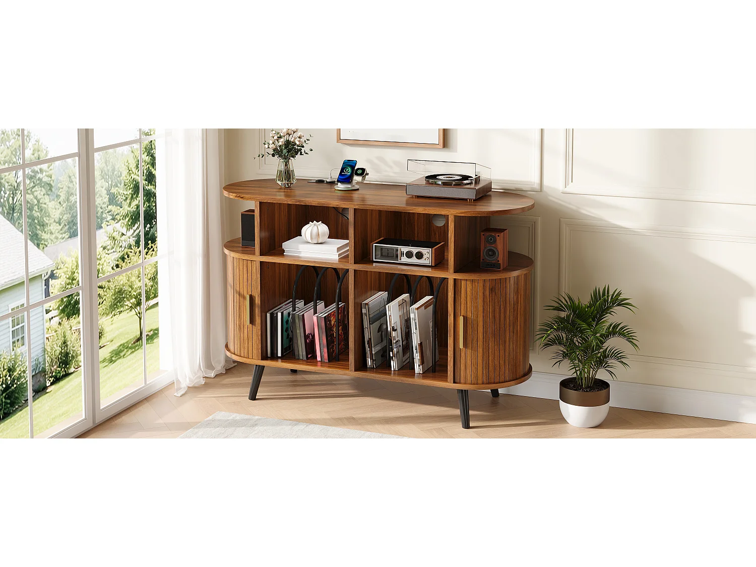 Ovalt vinylbuffet - 3 rum til vinylplader - Opladningsport - 2 skydedøre - Jernben - MDF - Brun