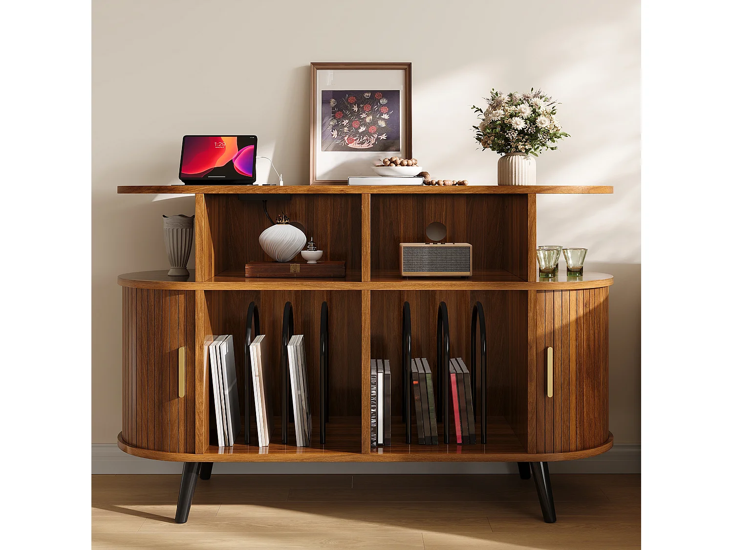 Ovalt vinylbuffet - 3 rum til vinylplader - Opladningsport - 2 skydedøre - Jernben - MDF - Brun