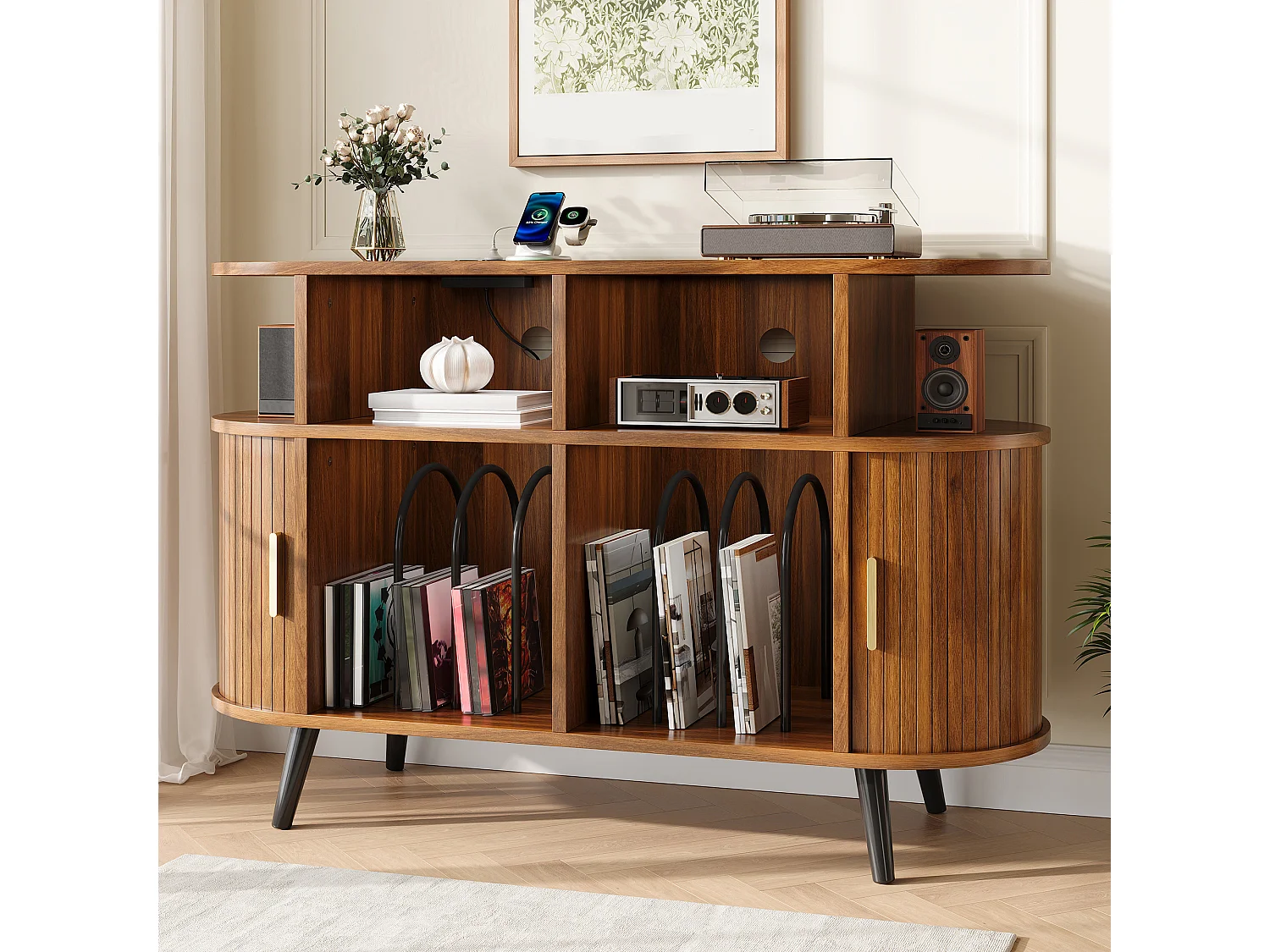 Ovalt vinylbuffet - 3 rum til vinylplader - Opladningsport - 2 skydedøre - Jernben - MDF - Brun